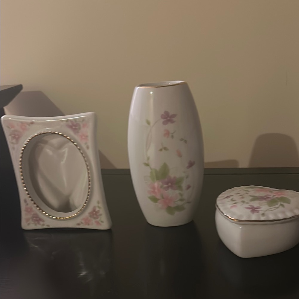 Bundle of floral patterned bud vase, trinket box and picture frame
